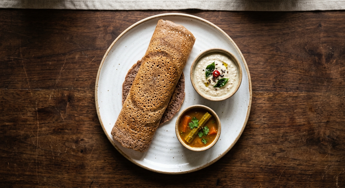 Two golden ragi dosas with coconut chutney