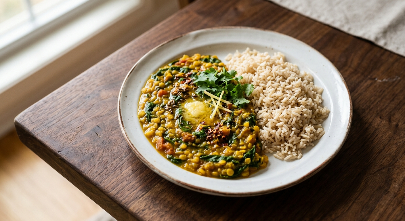 Dal palak with brown rice — a balanced PCOS lunch with iron, protein, and fibre